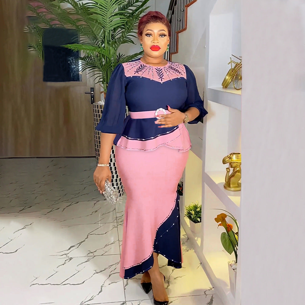 African plus size women's clothing hot sale temperament commuter contrast color two-piece hot rhinestone dress