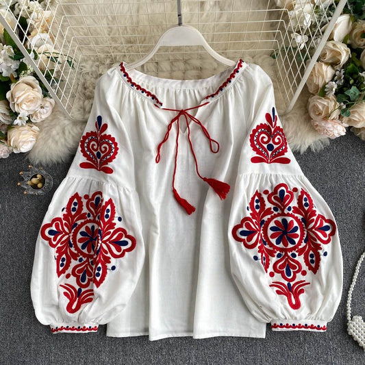 Travel Photographer Vintage Ethnic Style Heavy Industry Embroidered Lace-up Tassel V-neck Stylish Lantern Sleeve Top Women's Loose All-match