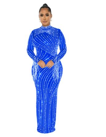 Women's Mesh See-through Rhinestone Long Sleeve Dress Lining Two-piece Set