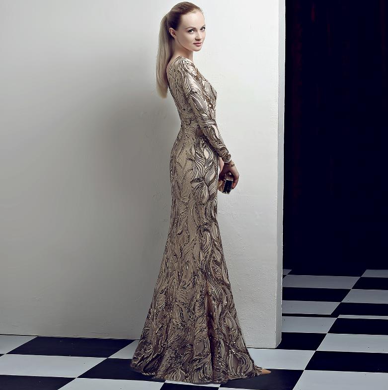 Deep V long sleeve split night club show sequin evening dress