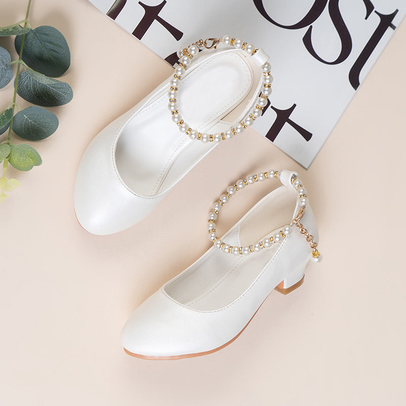 Girls High-heeled Leather Shoes Spring Children Middle-aged White Wedding Host Show Princess Dress Shoes