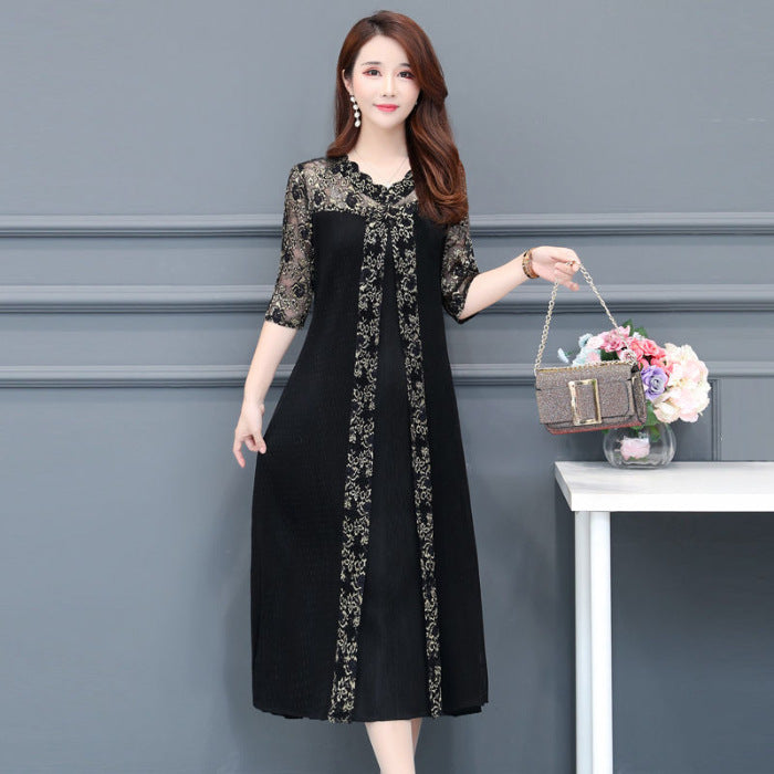 Temperament dress loose five-point sleeves lace women's large size large swing long skirt