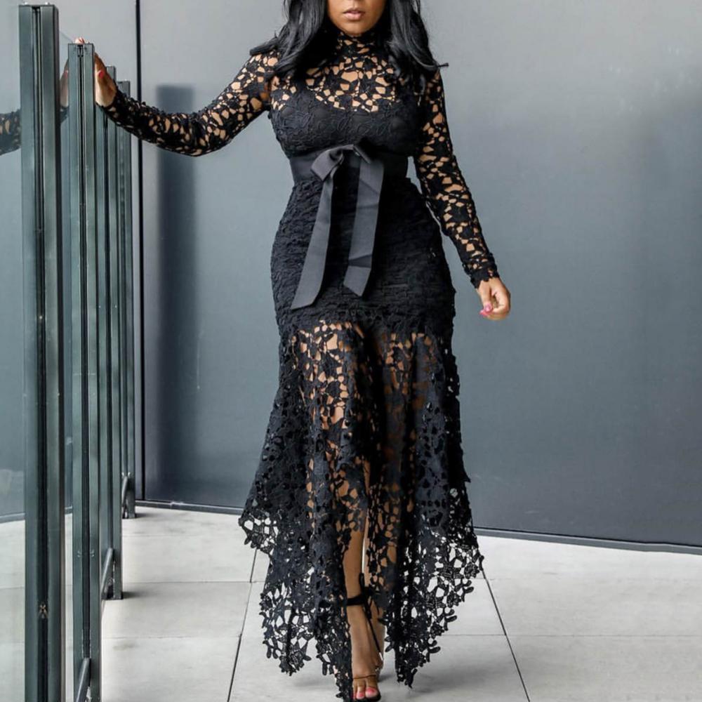 Dress Long Dress Bodycon Sexy Women Long Sleeve Bow Belted Irregular Hem Hollow Lace Long Dress
