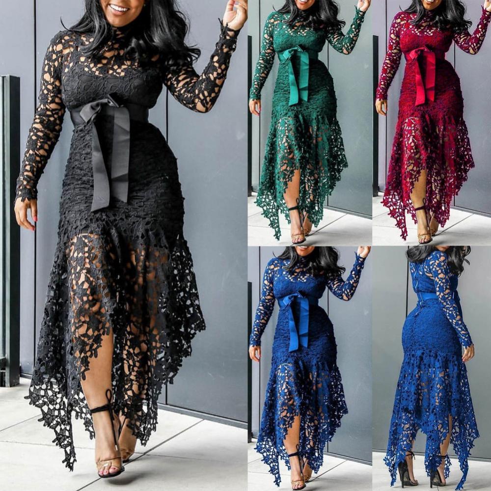 Dress Long Dress Bodycon Sexy Women Long Sleeve Bow Belted Irregular Hem Hollow Lace Long Dress