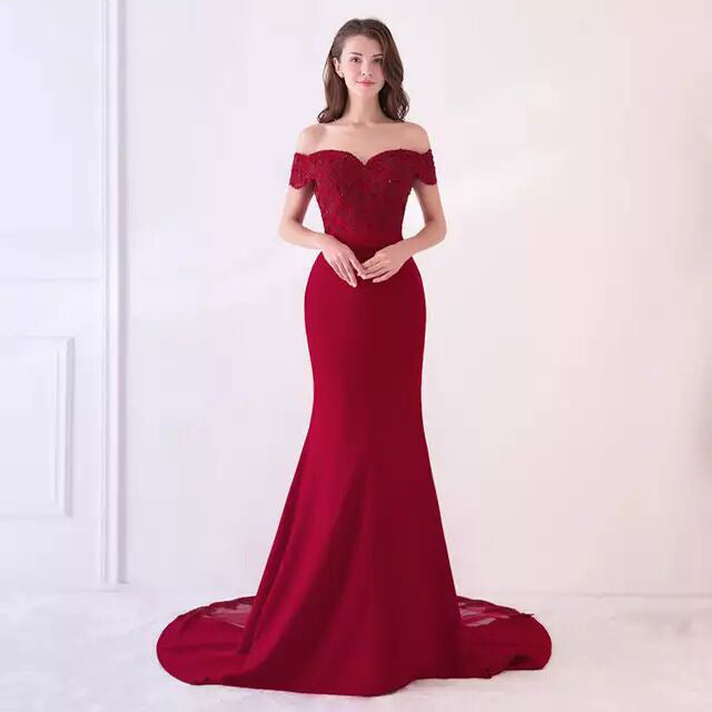 2022 foreign trade new one-shoulder bride wedding dress banquet elegant princess fishtail evening dress female
