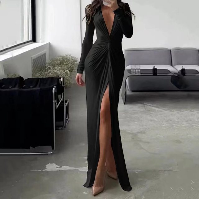2023 Autumn New Bodycon Dresses For Women Luxury Designer Party Prom Deep V Neck Sexy Dress Hem Split Outfits Evening Vestidos