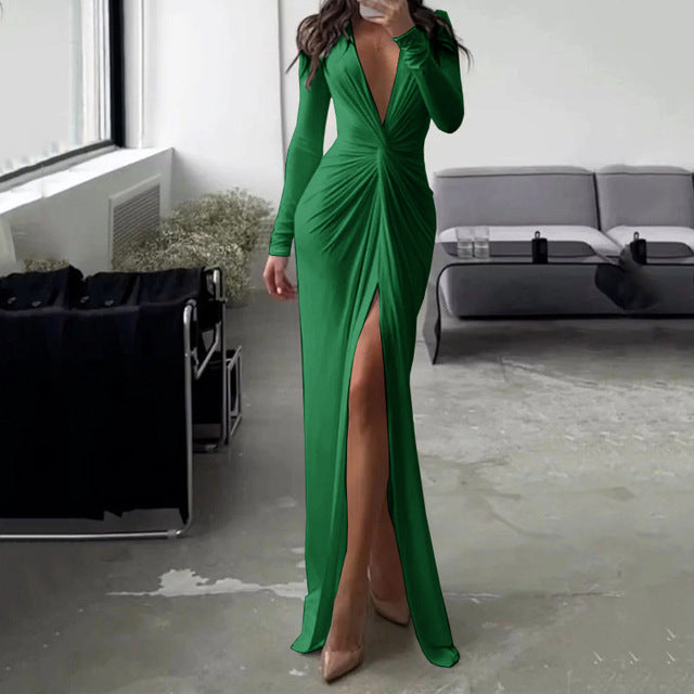 2023 Autumn New Bodycon Dresses For Women Luxury Designer Party Prom Deep V Neck Sexy Dress Hem Split Outfits Evening Vestidos