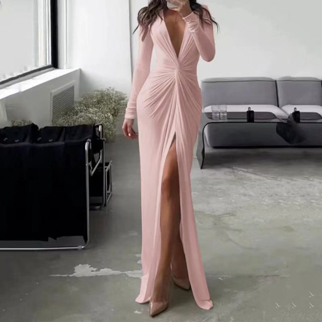 2023 Autumn New Bodycon Dresses For Women Luxury Designer Party Prom Deep V Neck Sexy Dress Hem Split Outfits Evening Vestidos