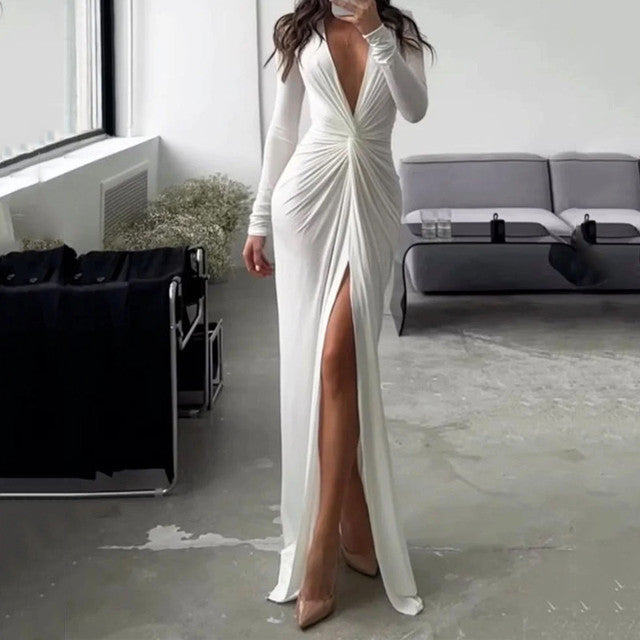 2023 Autumn New Bodycon Dresses For Women Luxury Designer Party Prom Deep V Neck Sexy Dress Hem Split Outfits Evening Vestidos