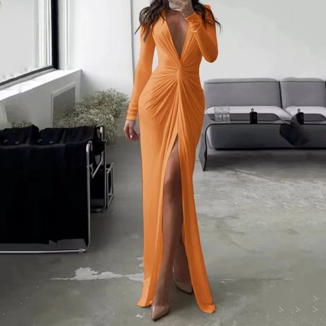 2023 Autumn New Bodycon Dresses For Women Luxury Designer Party Prom Deep V Neck Sexy Dress Hem Split Outfits Evening Vestidos