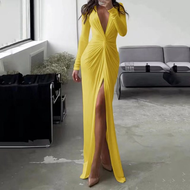 2023 Autumn New Bodycon Dresses For Women Luxury Designer Party Prom Deep V Neck Sexy Dress Hem Split Outfits Evening Vestidos
