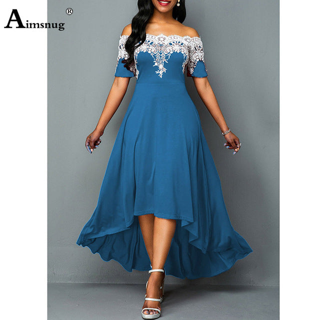 2023 europeo americano taglia 5xl donna elegante lungo Maxi vestito Slash Neck Party abiti da sera signore Vintage Splice Lace Dress
