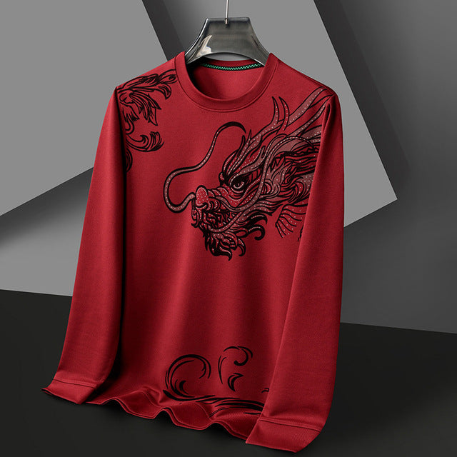 2024 Fashion Men's Round Neck Long Sleeved Hoodie Trend Chinese Dragon Print Casual Pullover Tops High Quality Sweatshirts Male
