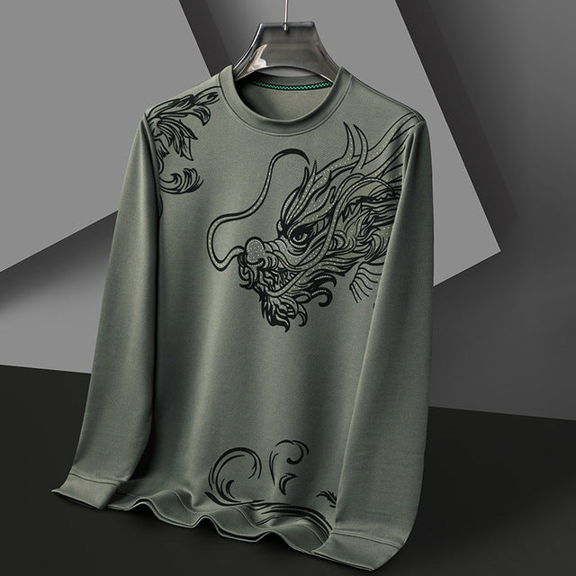 2024 Fashion Men's Round Neck Long Sleeved Hoodie Trend Chinese Dragon Print Casual Pullover Tops High Quality Sweatshirts Male