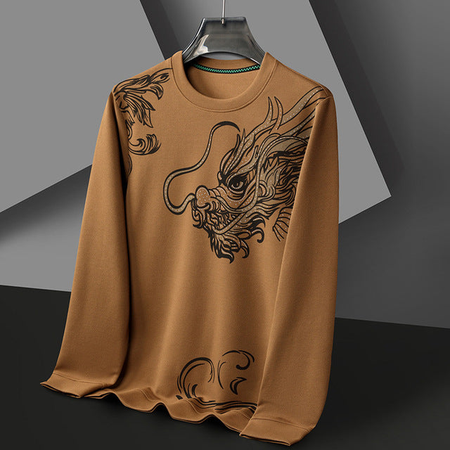 2024 Fashion Men's Round Neck Long Sleeved Hoodie Trend Chinese Dragon Print Casual Pullover Tops High Quality Sweatshirts Male