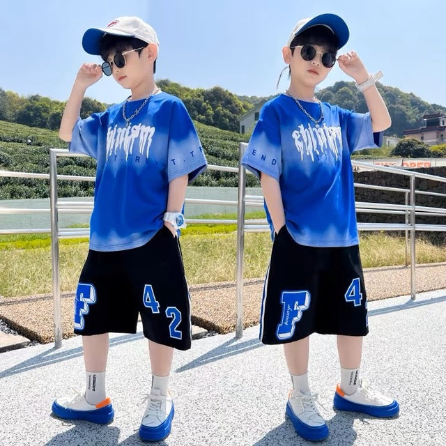 2024 New Boys Summer Quick-dry Suit Children Streetwear Boy Short Sleeve TShirt + Shorts Two-piece Sports Set Baby Loose Outfits