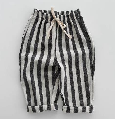Vintage Linen Cotton Stripe Pants for Boys Casual Pocket Design Elastics Waist Pants for Toddler Girl Clothing Children Trousers