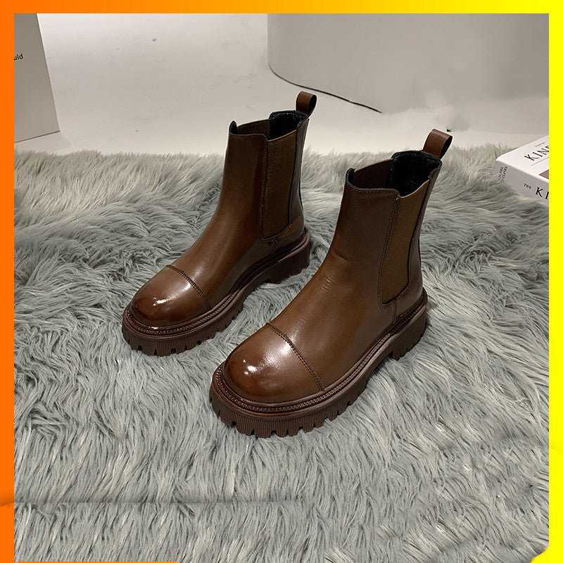 British Style Plus Velvet Platform Boots Retro Brown Skinny Boots Winter