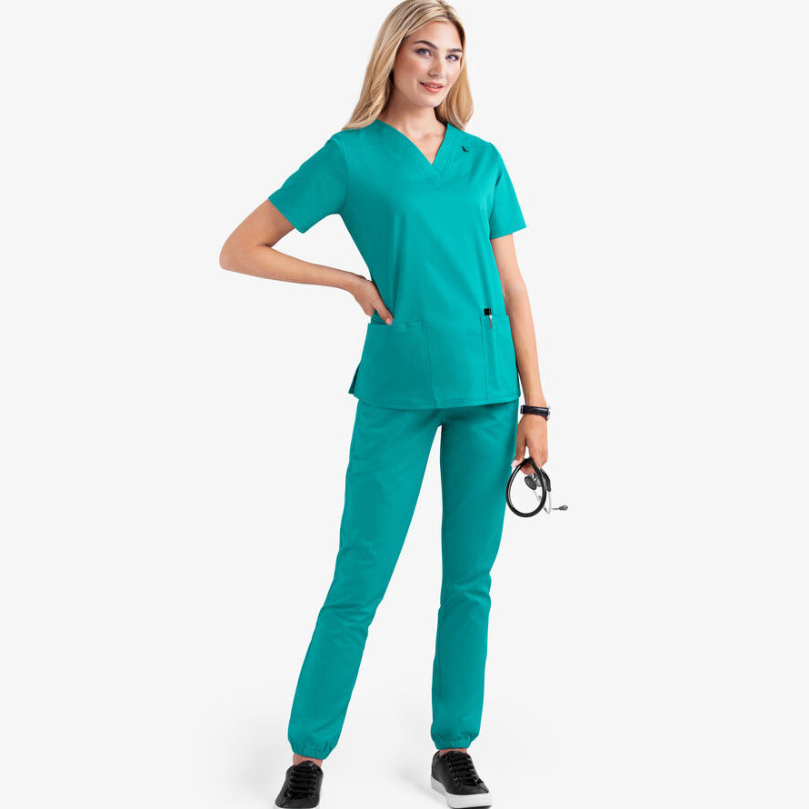 2023 European and American new style solid color pocket V-neck nursing work uniform nurse clothes two-piece suit women's short sleeve