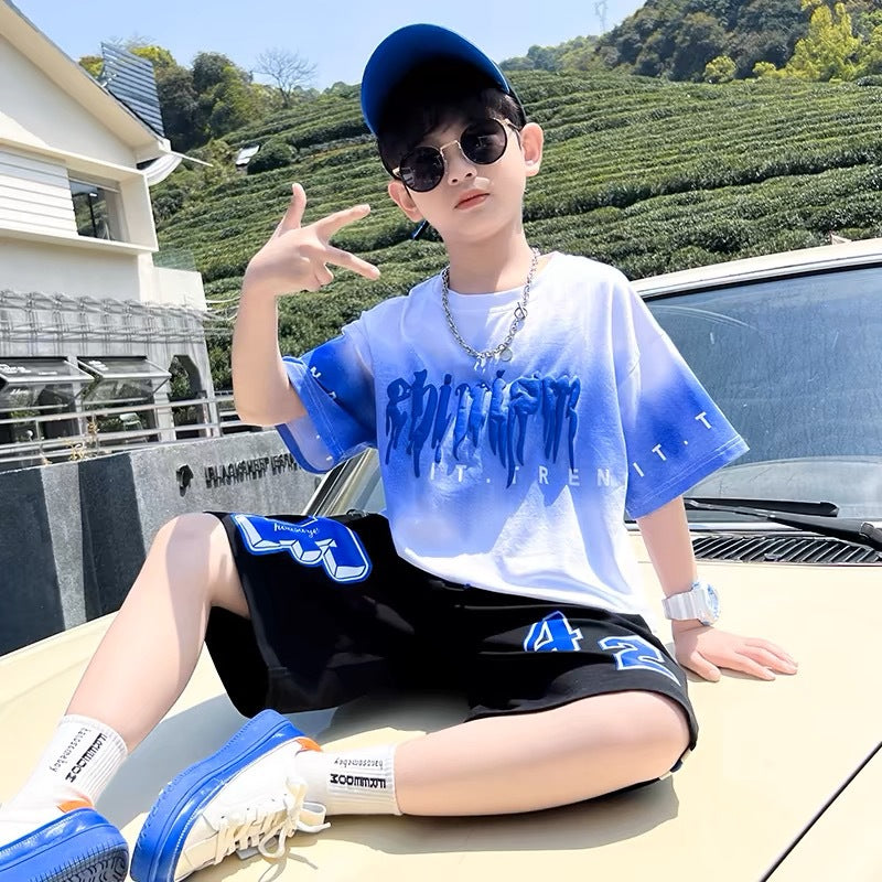 2024 New Boys Summer Quick-dry Suit Children Streetwear Boy Short Sleeve TShirt + Shorts Two-piece Sports Set Baby Loose Outfits