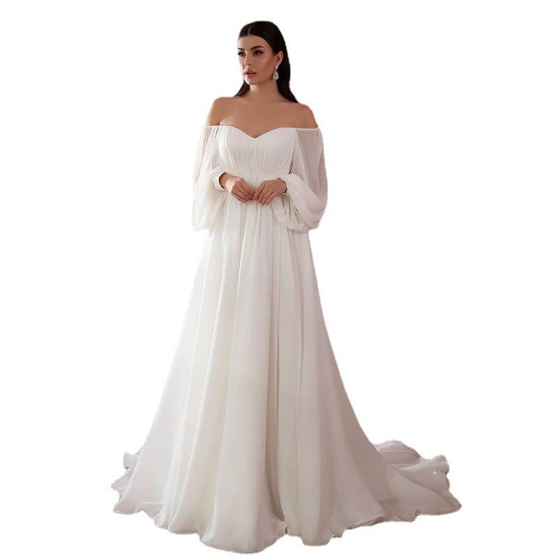 Off Shoulder Gown Wedding Dresses, Elegant Solid Ruched Mopping High Waist Dress for Wedding Party, Women's Clothing