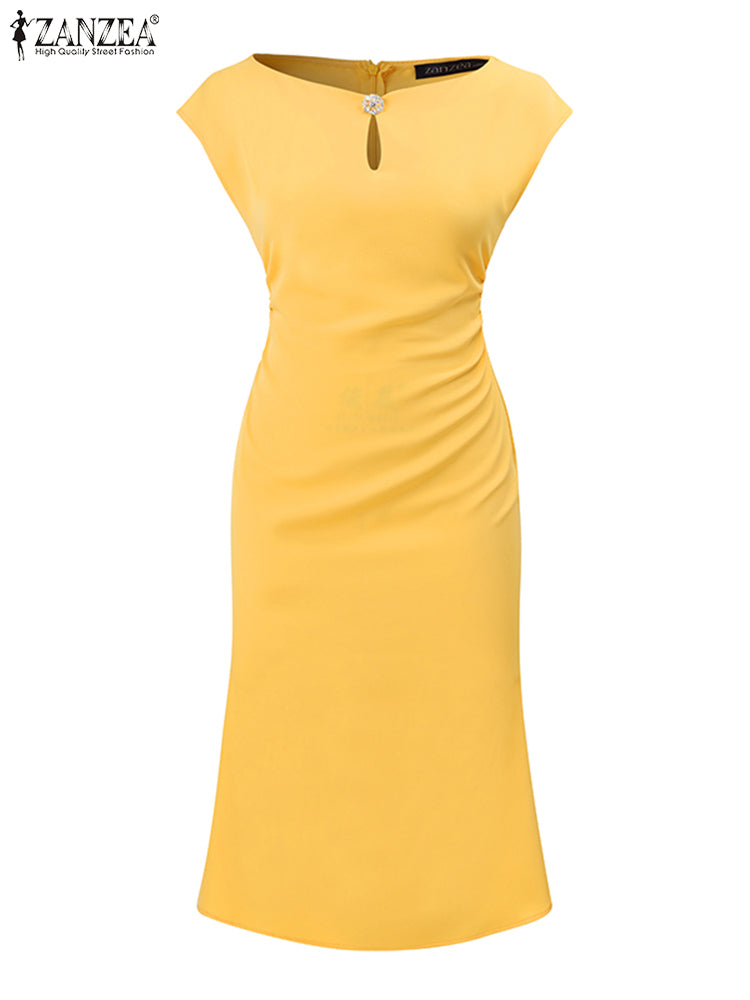 Summer Stylish Slim Fit Dress ZANZEA Women Elegant OL Work Midi Sundress Short Sleeve Solid Party Vestidos Fashion Penicl Dress