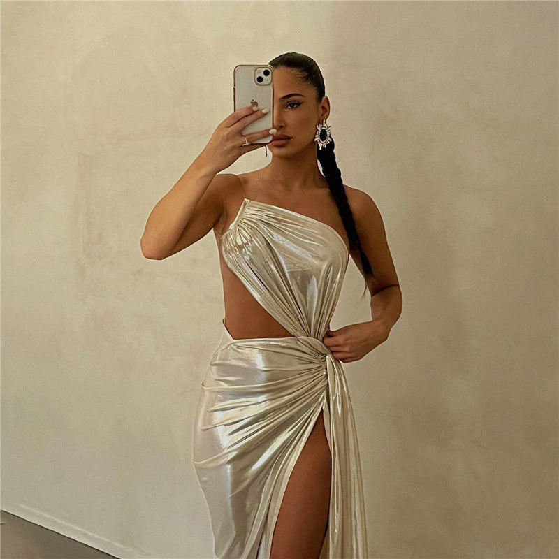 Women's Dress Fashion Sexy Backless Open Design Sense Temperament Slim Silver Backless Elegant Dress Suitable for Banquets, Parties
