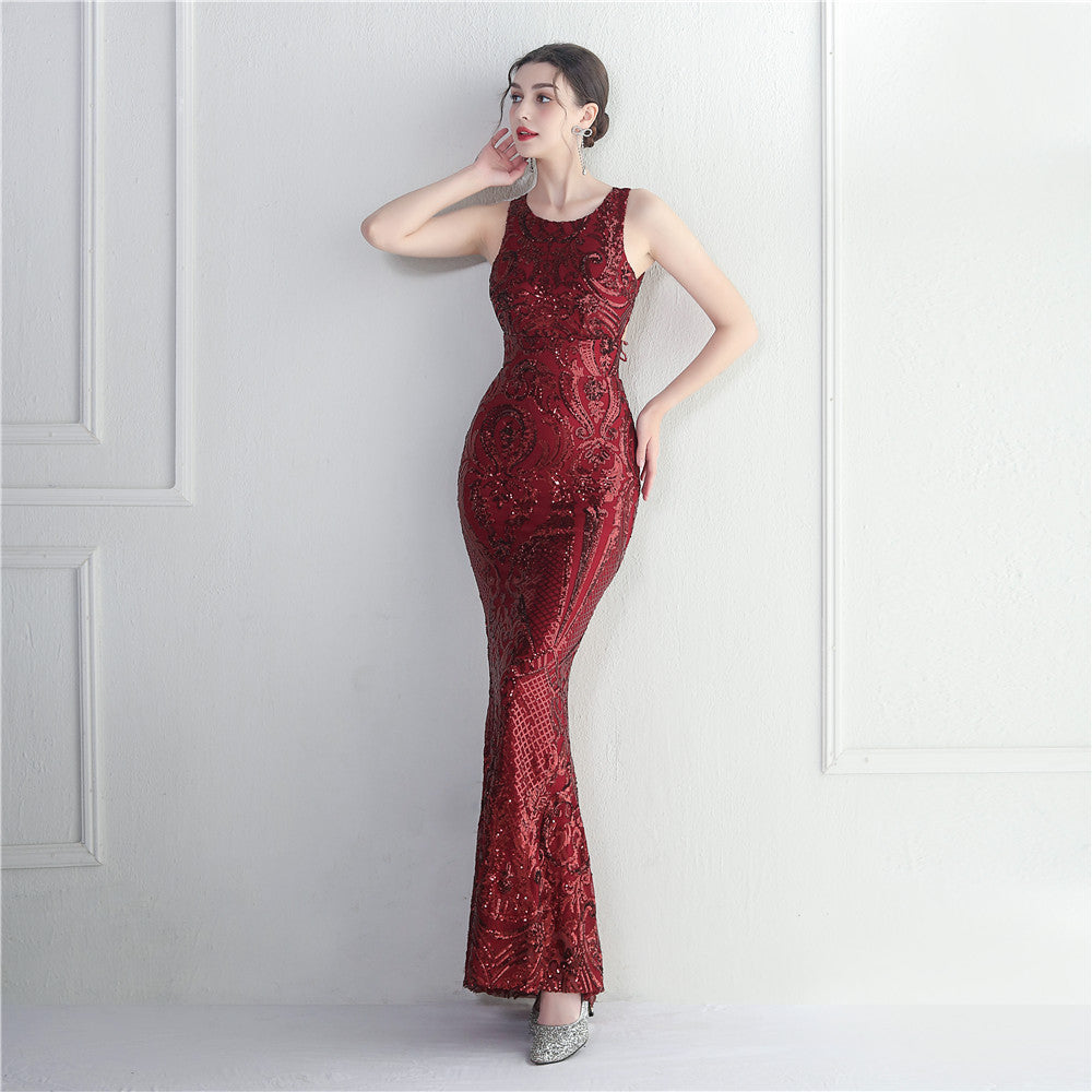 19920# Big Backless Bead Craft Sequin Embroidery Stage Concert Car Model Banquet Wedding Long Evening Dress