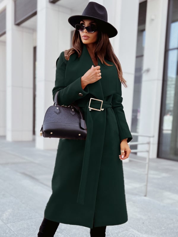 Simple Long Sleeve Button V-Neck Tie Woolen Jacket Women's