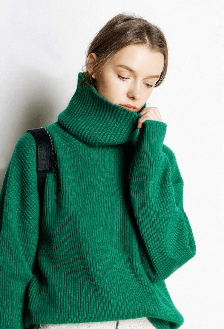 Autumn and winter European and American women's sweater high collar solid color cashmere sweater thick pullover loose lazy style base knitted sweater, base knitted sweater, sweater