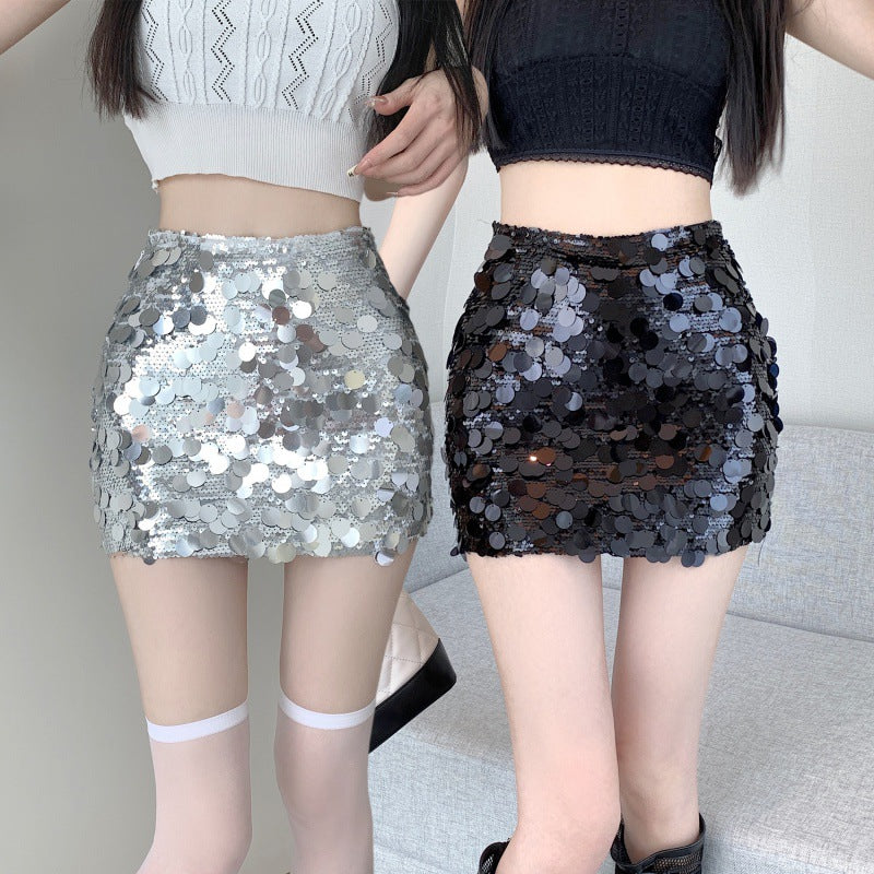 Real shot Yi Mengling with heavy industry pure sequins skirt 2023 hot girl half-length hip A- shaped silver skirt women