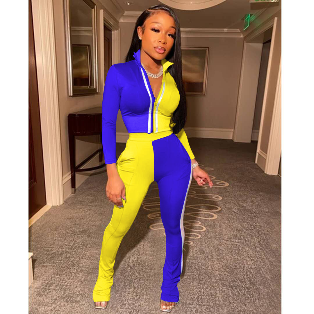 Pure Color Splicing Fashion Sports and Leisure Two-Piece Suit