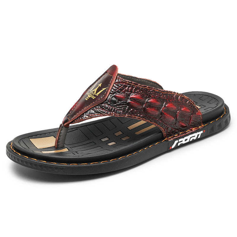 Cross-border Men's Sandals Slippers Genuine Leather Crocodile Pattern Slippers Large Size Breathable Shoes Foreign Trade Casual Men's Shoes Fashion Men's Word Slippers