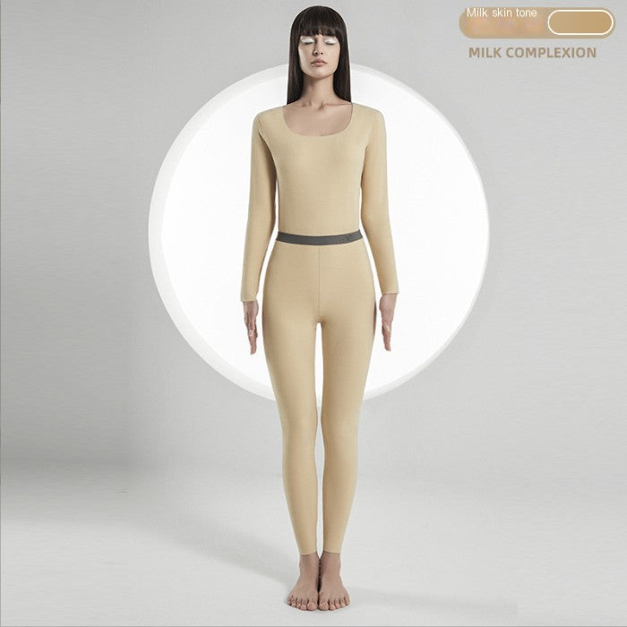 New style solid color autumn autumn clothes and long johns double-sided soft fleece seamless U-neck long-sleeved trousers women's thermal underwear set