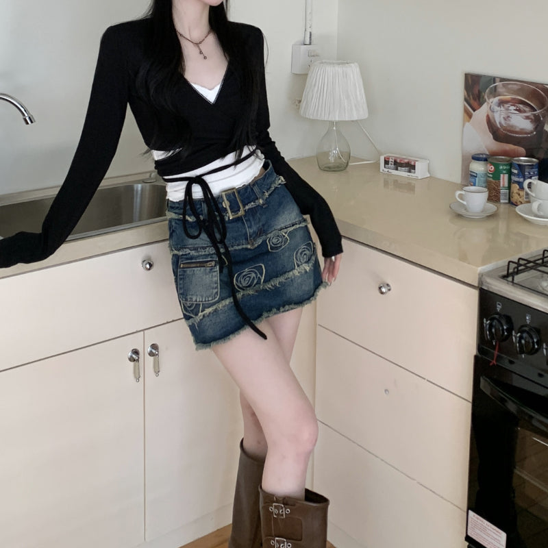 Deeptown Vintage Denim Short Skirt Women Sexy Y2k Floral Coquette Mini Skirts Sweet Retro Streetwear Casual A-line Jean Skirt