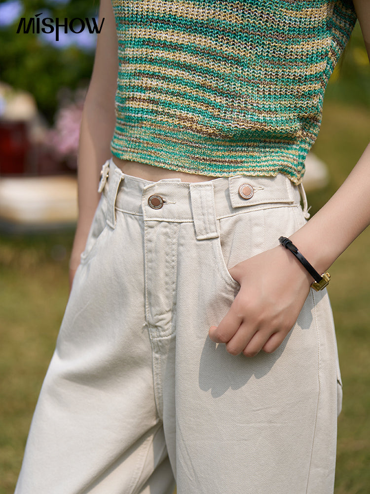 MISHOW 100 Cotton Jeans for Women 2023 Summer Korean Slim High Waist Straight Pants Solid Female Ankle-Length Pants MXC33K0050