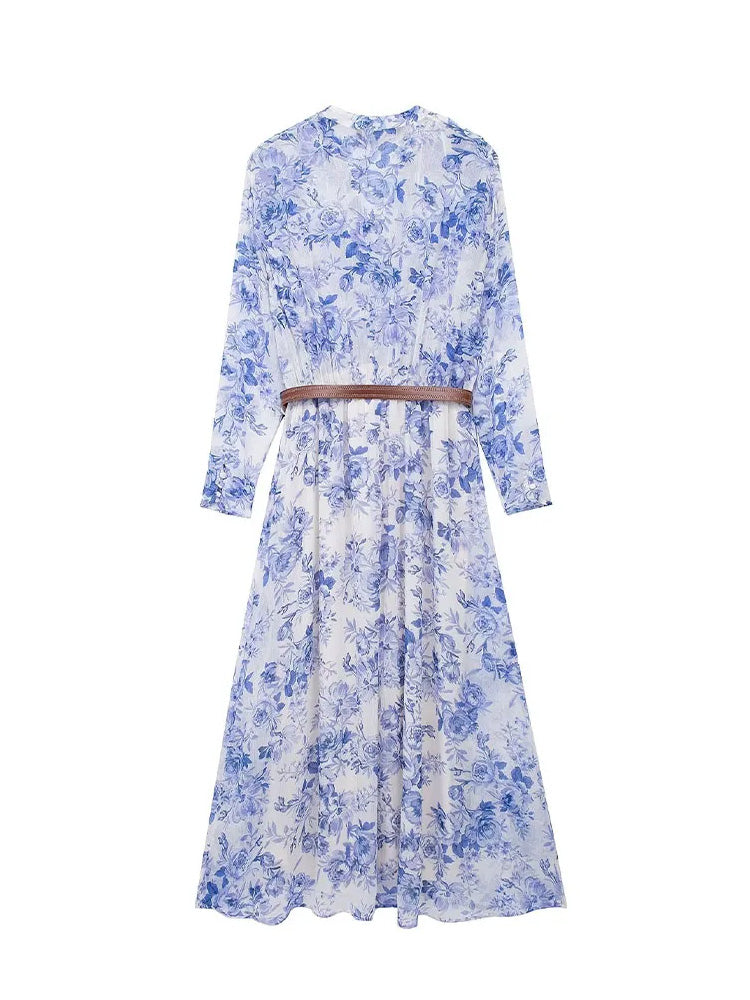 HH TRAF Women Floral Printed V-neck Long Dress Spring Elegant Pleated Chiffon Dresses with Belt Female Long Sleeve Midi Dress