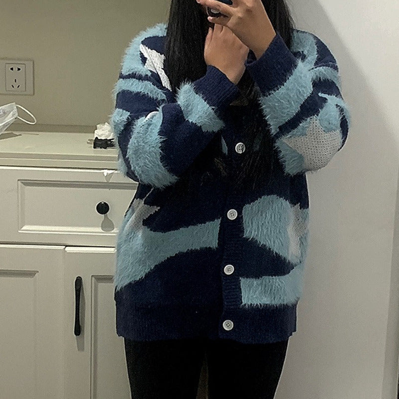 Y2k Preppy Style Cardigan Women Fashion Star Stripe Button Sweater Knit Vintage Autumn Winter Blouse Woman Clothing Trendy 2023