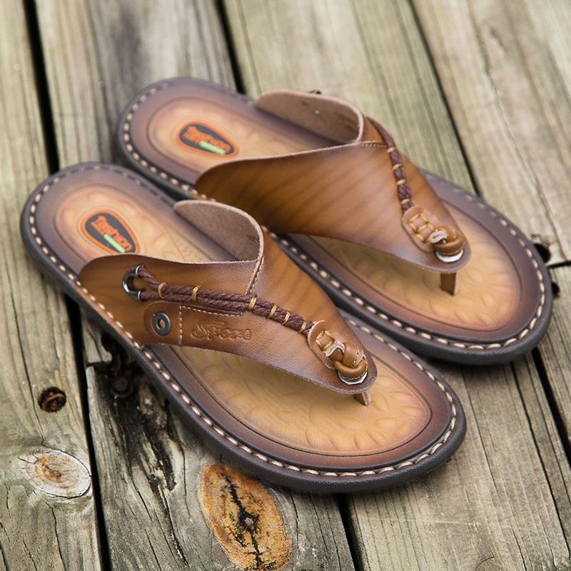 New summer handmade leather flip-flops trendy fashion men's flip-flops outdoor breathable comfortable men