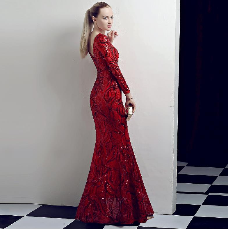 Deep V long sleeve split night club show sequin evening dress