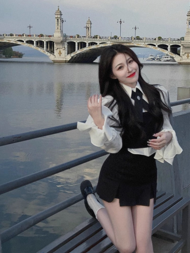 American Academy Shirt Vest Skirt Three Piece Set Women Lapel Spicy Girl Splice Slim Korean Fashion Slim Spring Chic Lady Suit