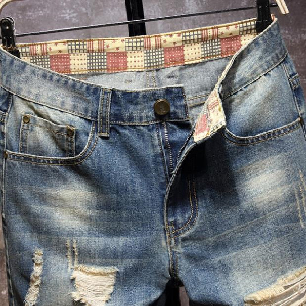 Summer new jean shorts fashion men small straight leg knee-length jean shorts casual do old holes