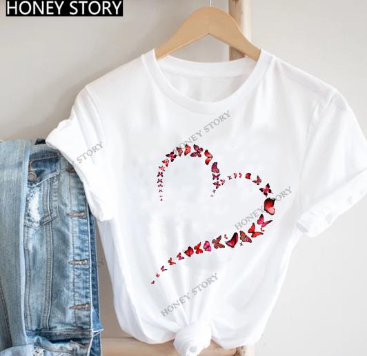 Butterfly Love Heart Shape Print Short Sleeve