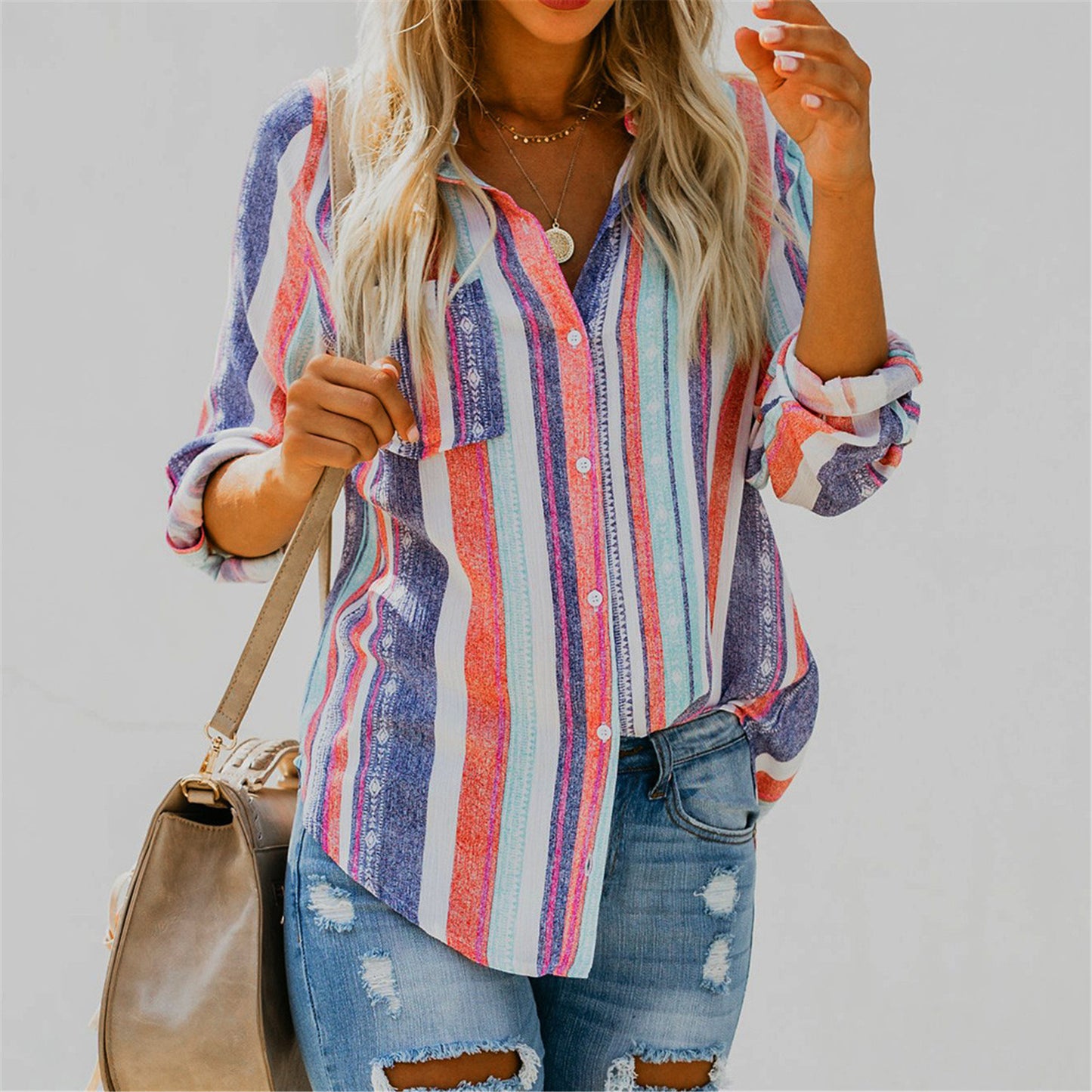 Autumn and Winter New European and American Fashion Colorful Stripe Large Shirt