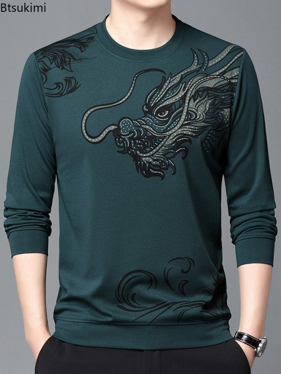 2024 Fashion Men's Round Neck Long Sleeved Hoodie Trend Chinese Dragon Print Casual Pullover Tops High Quality Sweatshirts Male