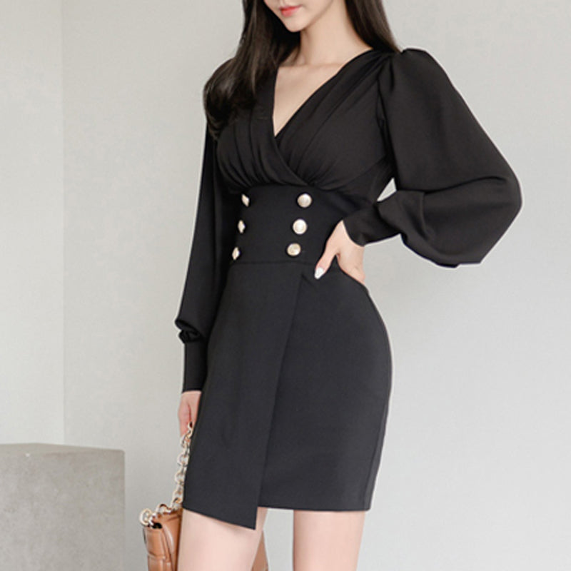 BGTEEVER Autumn Elegant V-neck Slim Buttons Female Solid Bodycon Mini Dress Stylish Long Sleeve Women Skinny Package Hip Dress