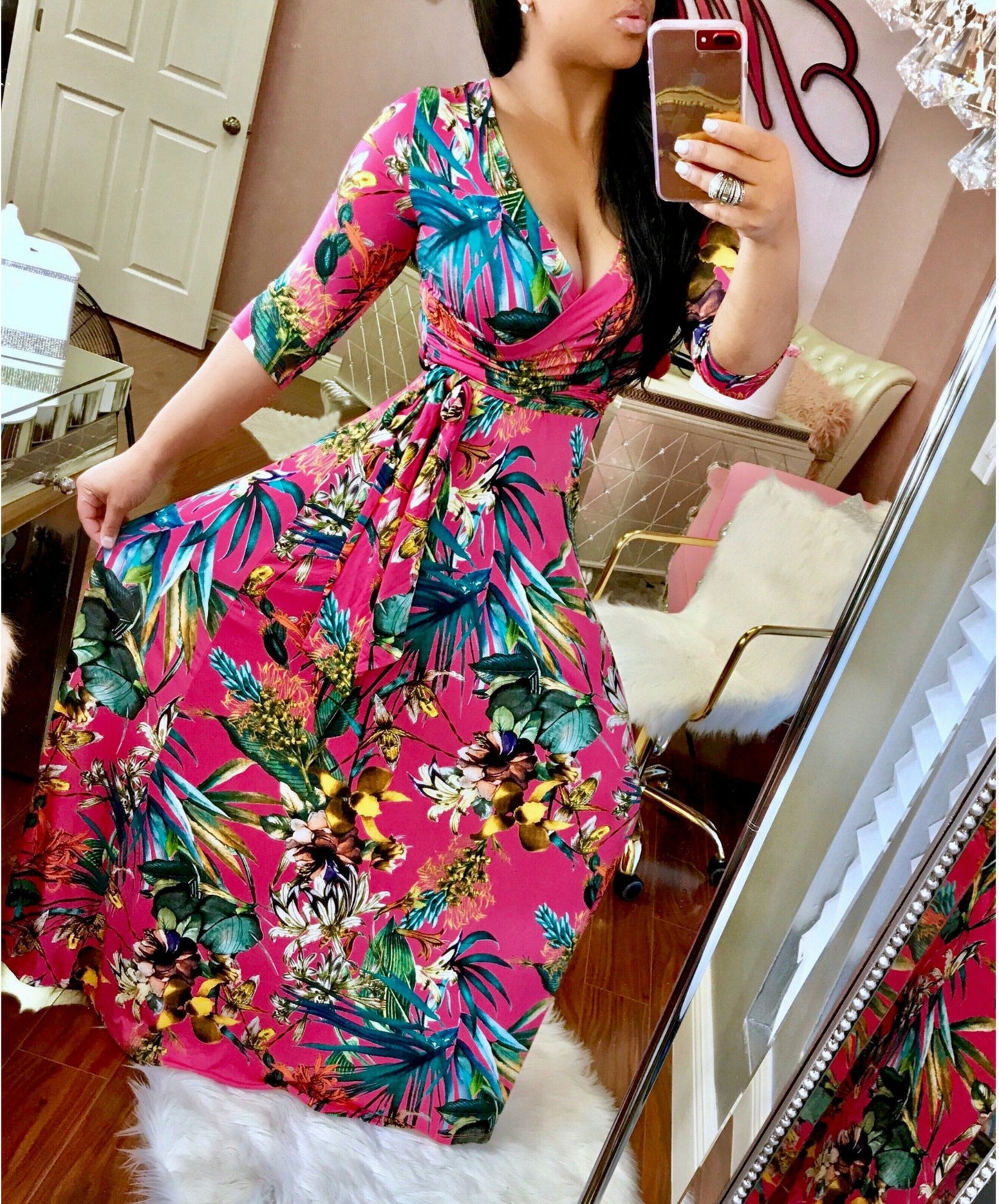 YM-8152 European and American women's sexy V-neck beautiful print large size and floor dress