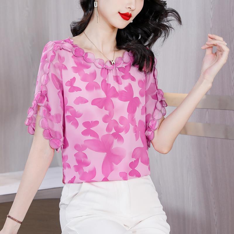 Summer 2023 New Arrival Embroidered Stitching Design Sense Chiffon Shirt Women's Short Sleeve Loose Belly-Covering Slimming Top