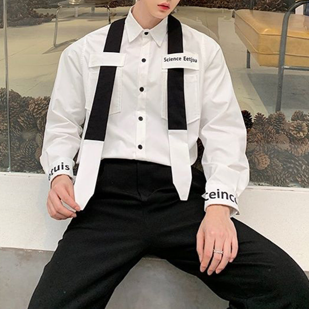 Mens Y2k Letter Print Contrasting Color Tie Casual Long-Sleeved Shirt Autumn Genderless Fashion Personality Versatile Top Unisex