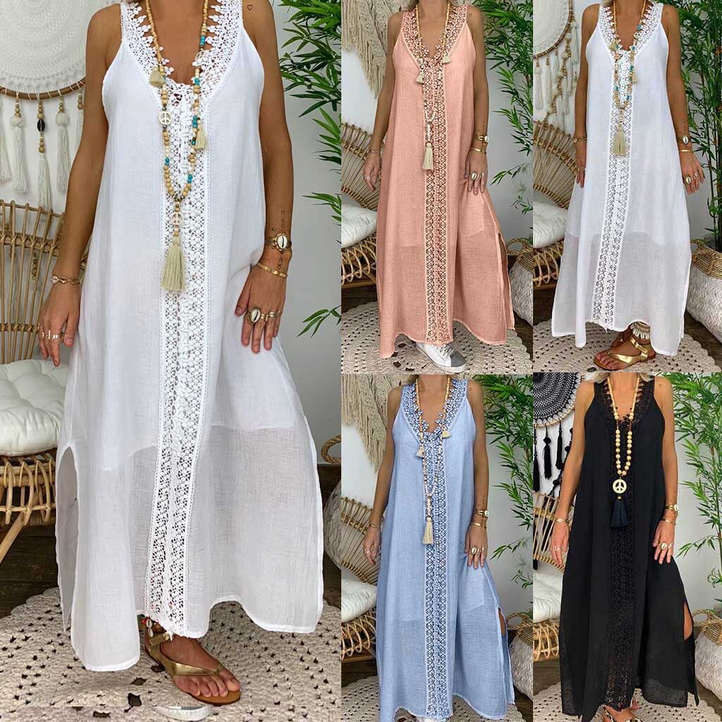 New V-neck Fashion Lace Stitching Large Size Dress Women's Long Dress